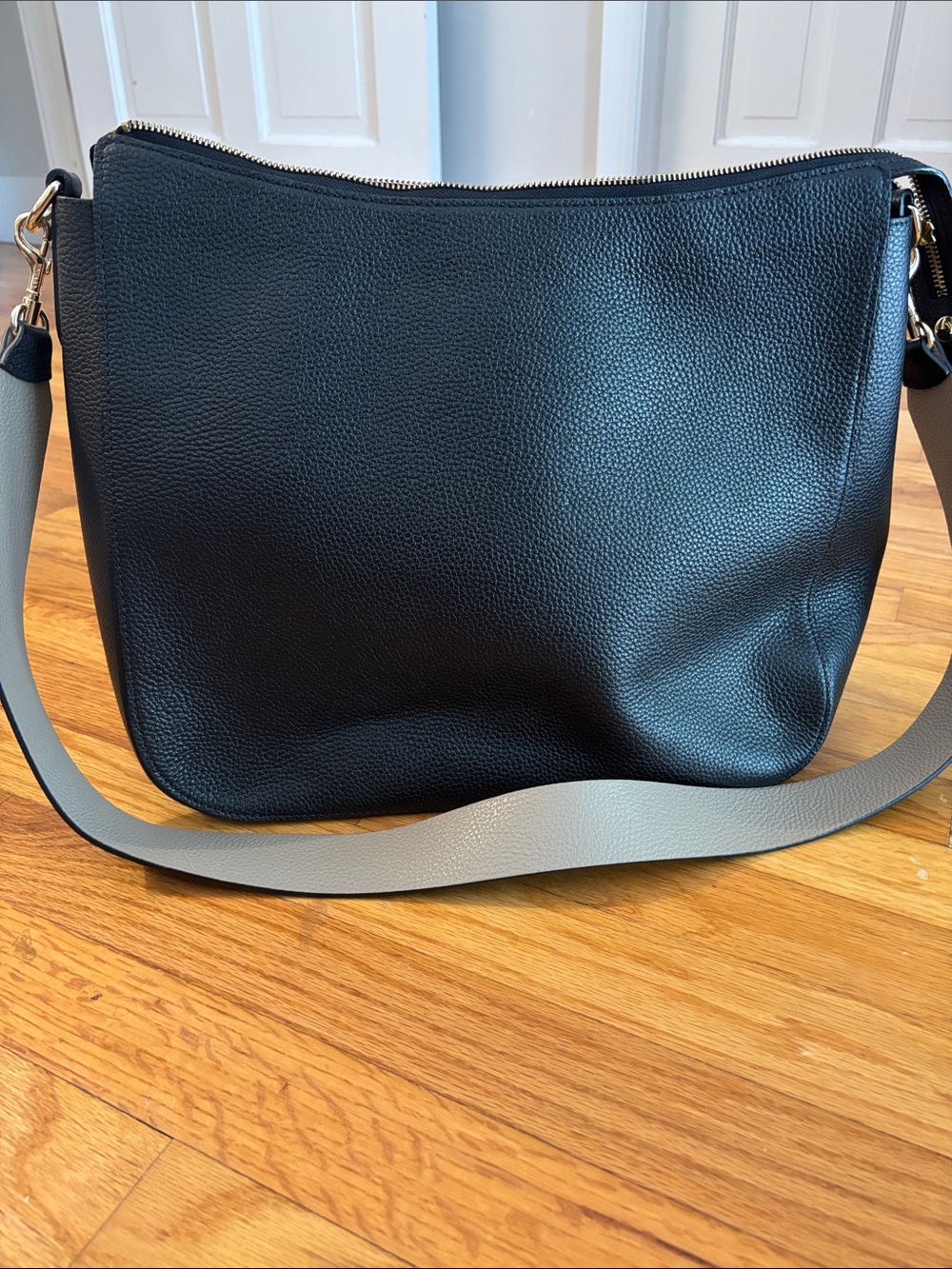 Cuyana Black Pebbled Leather Shoulder Bag with Wide Strap